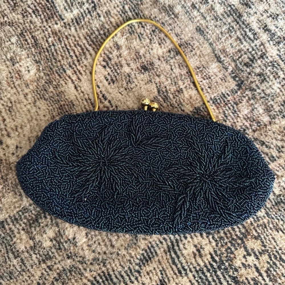 Vintage Blue beaded Floral design Gold chain Clutch Purse - Picture 2 of 12
